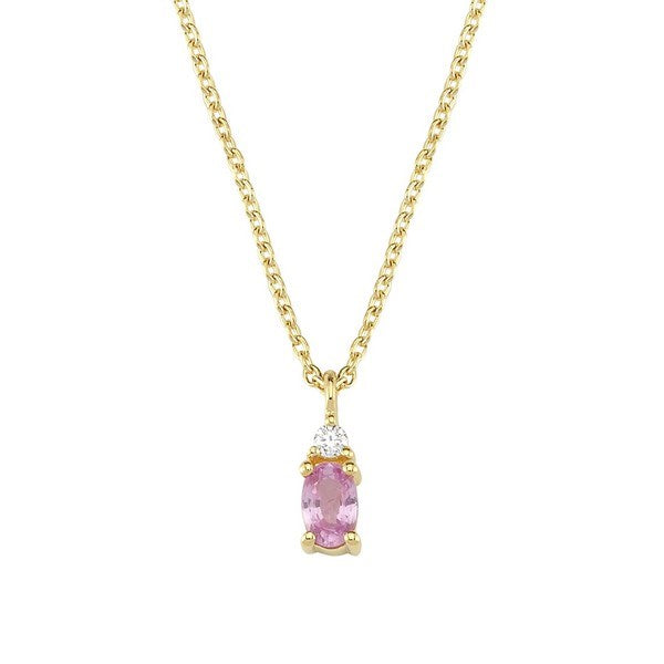 Petit vedhæng i 14 kt guld med oval pink safir og diamant 0,025 ct fra Nuran inkl. kæde